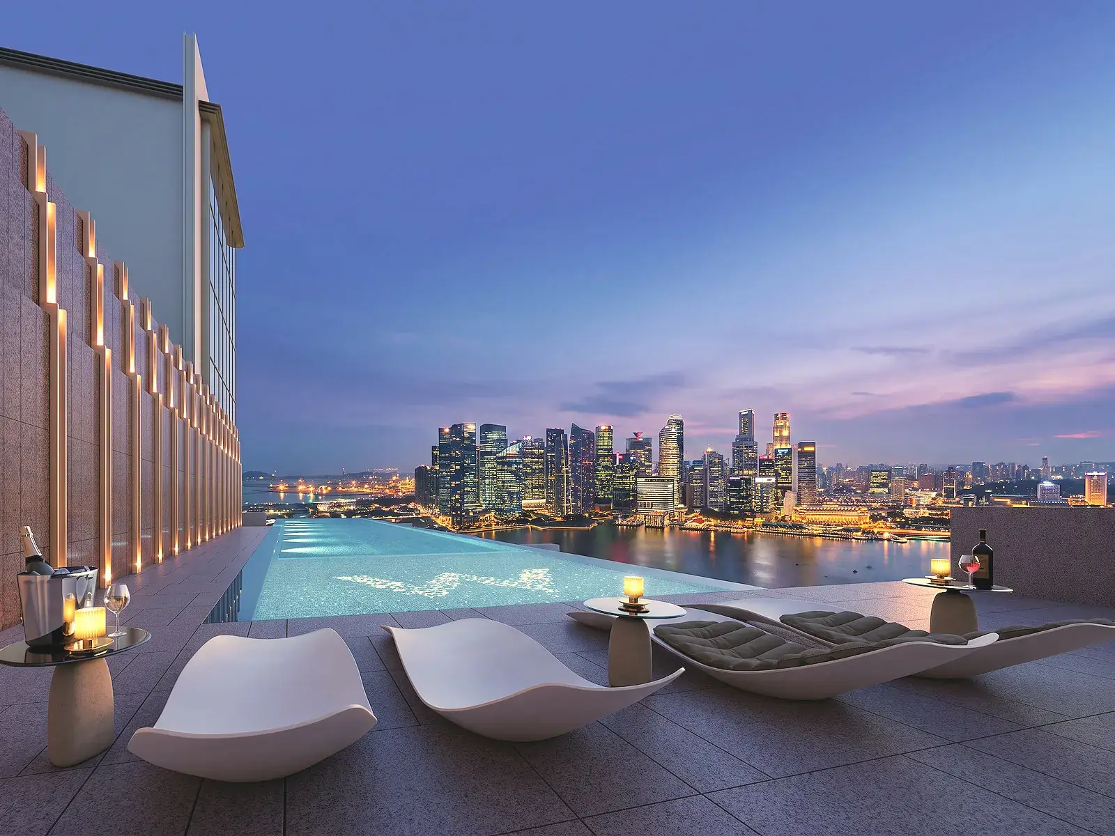 An infinity pool above the city at dusk — artist’s impression