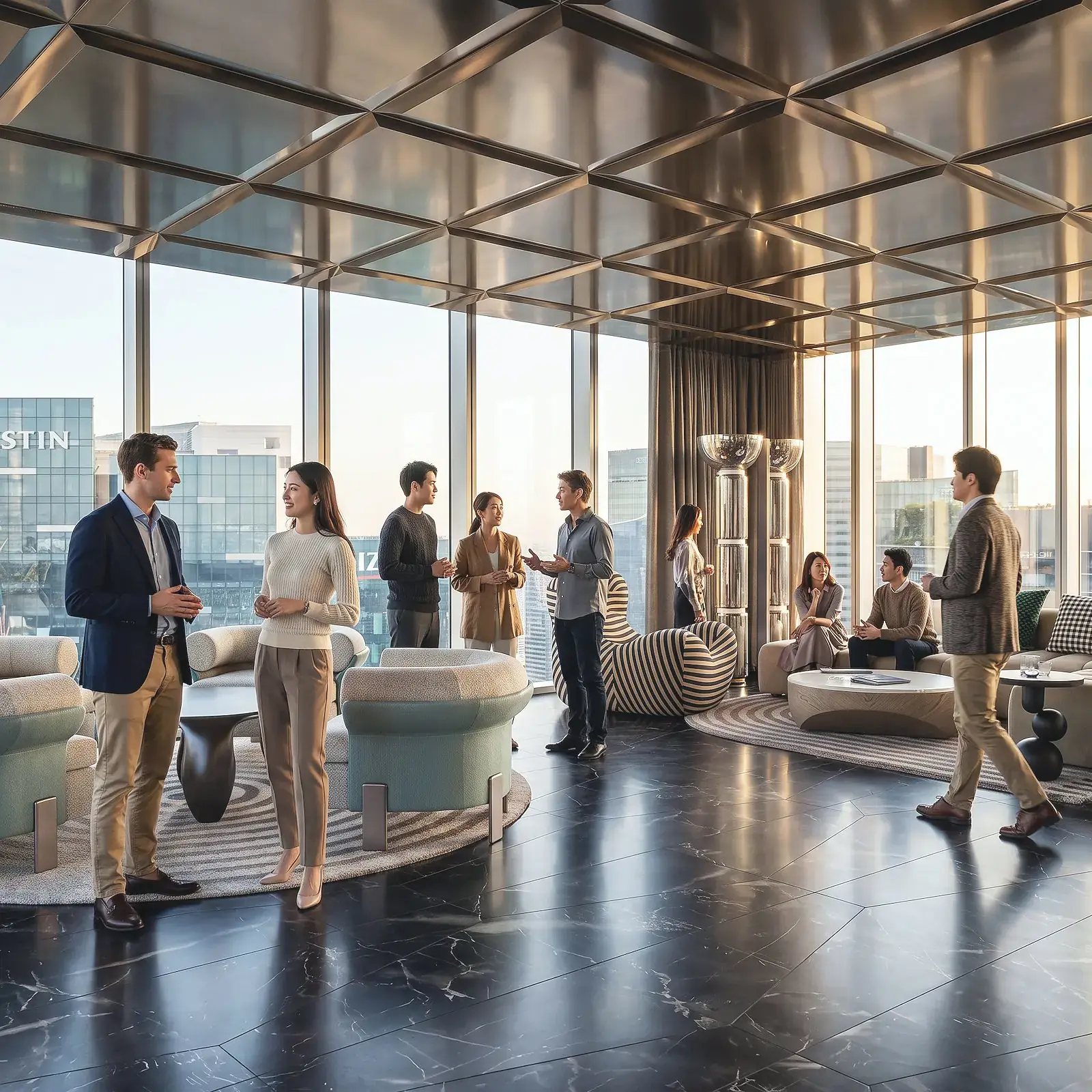 Residents in a shared lounge above the city