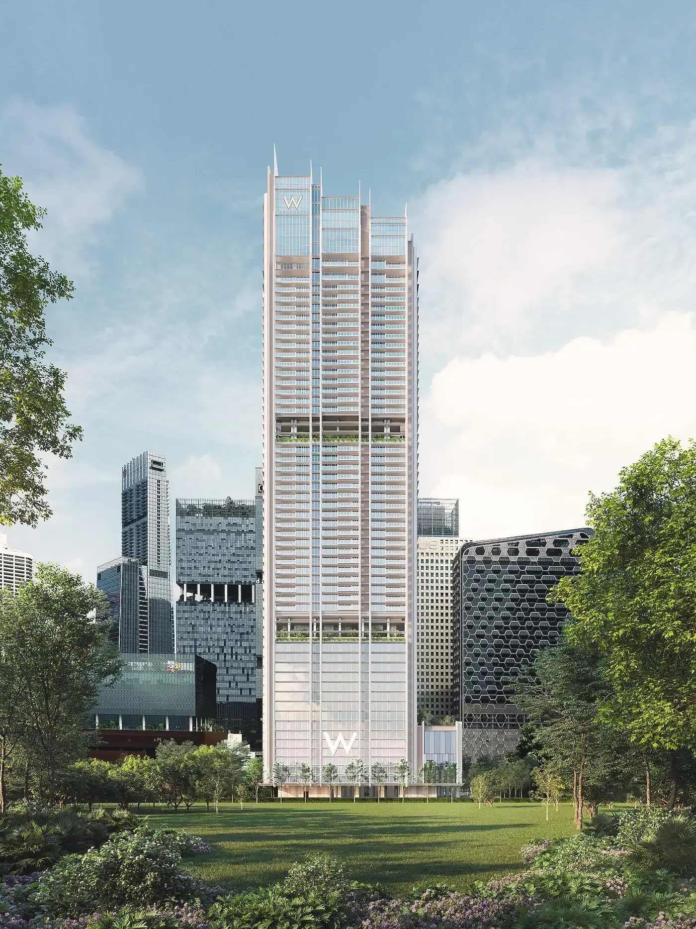The tower seen from the linear park at street level